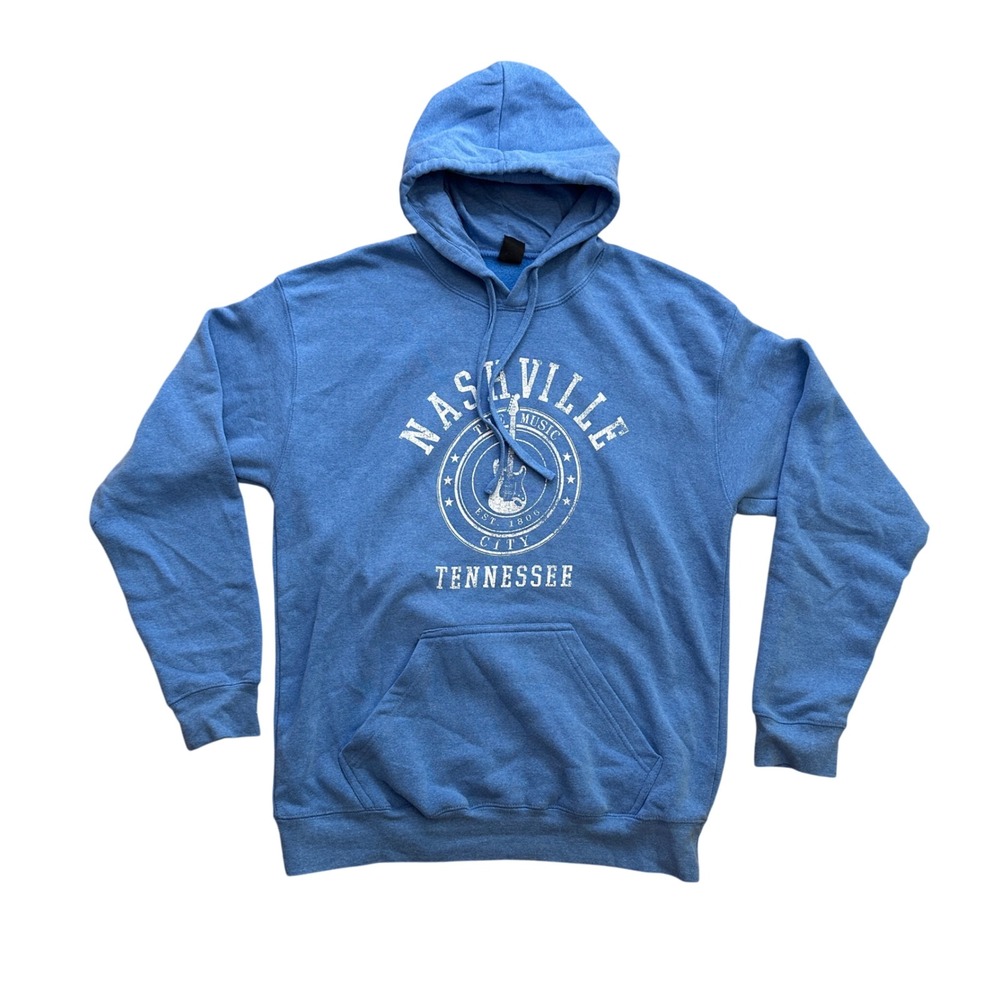 Nashville Tennessee Hoodie Sweatshirt Blue Music City Guitar Pullover Mens Large